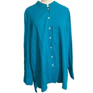 Tahari Linen Blend Long Sleeve Button-Down Blouse Blue Women’s Size Large NWT